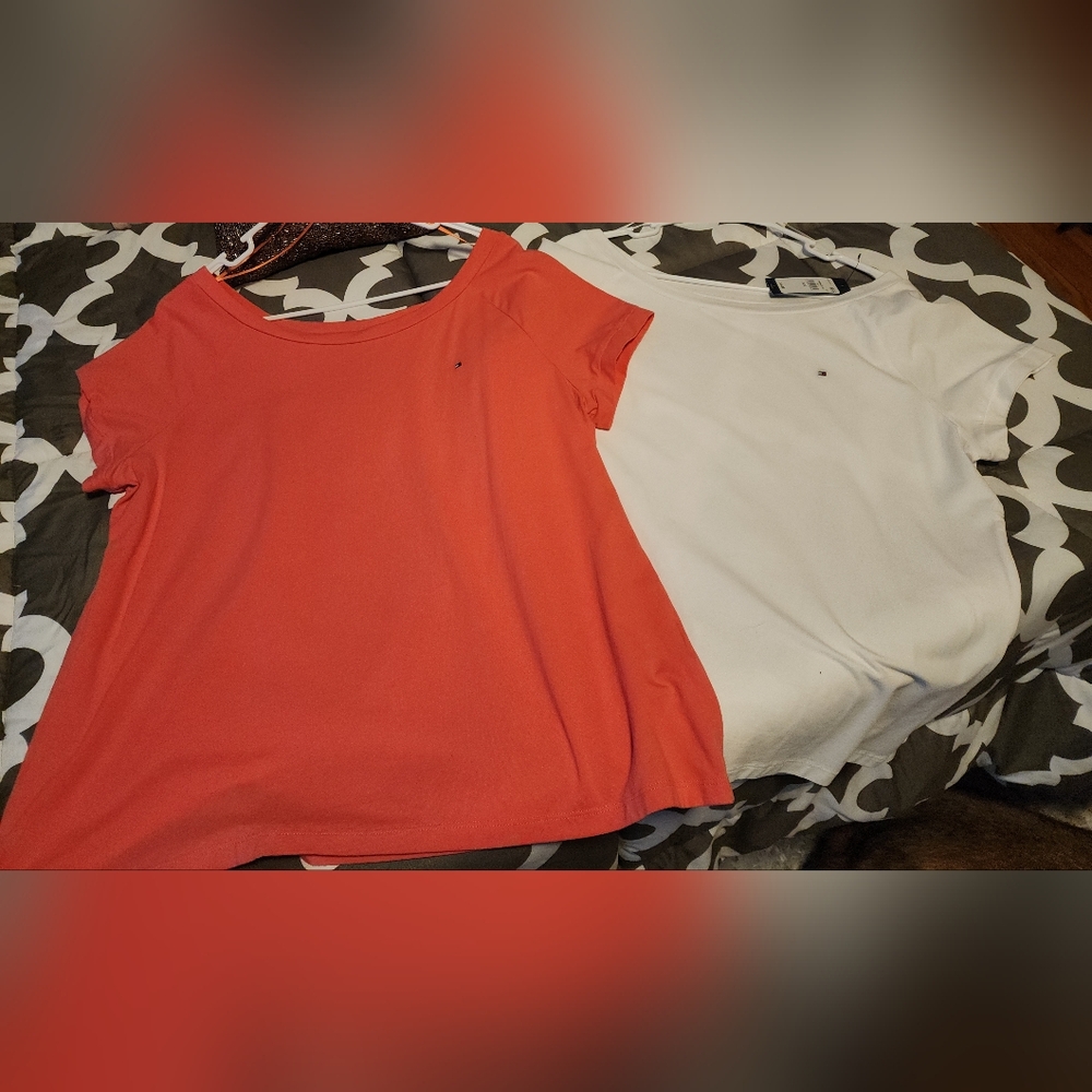 Tommy Hilfiger Women's Coral and White Short Sleeve Tees (Two)